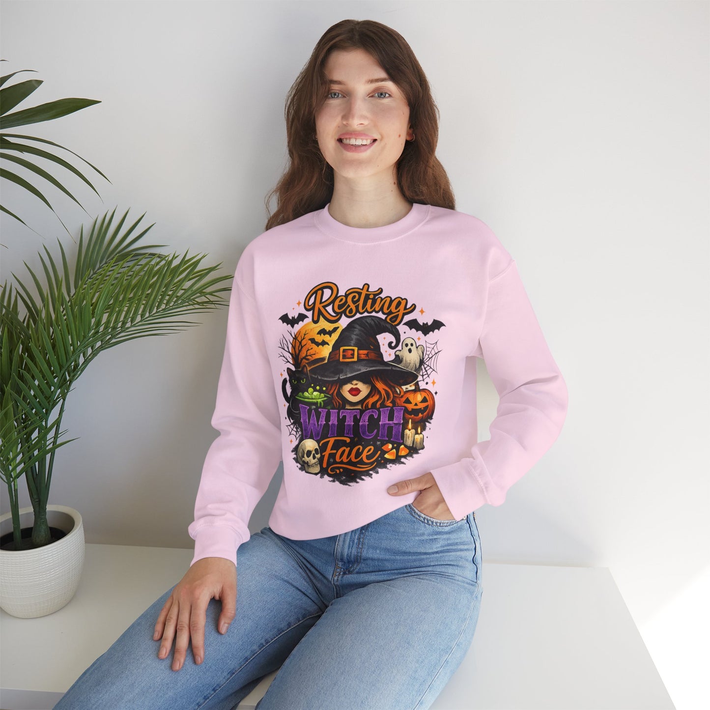 Resting Witch Face Sweatshirt | Funny Halloween Witch Gildan 18000 Crewneck | Spooky Fall Women's Graphic Sweatshirt | Cute Witchy Autumn Gift