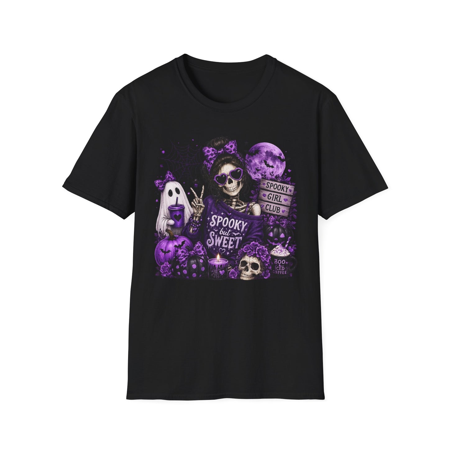 Spooky But Sweet Skeleton Girl Shirt – Purple Halloween Ghost & Pumpkin Graphic Tee – Cute Gothic Fall Graphic T-Shirt – Gildan 64000 Unisex Tee
