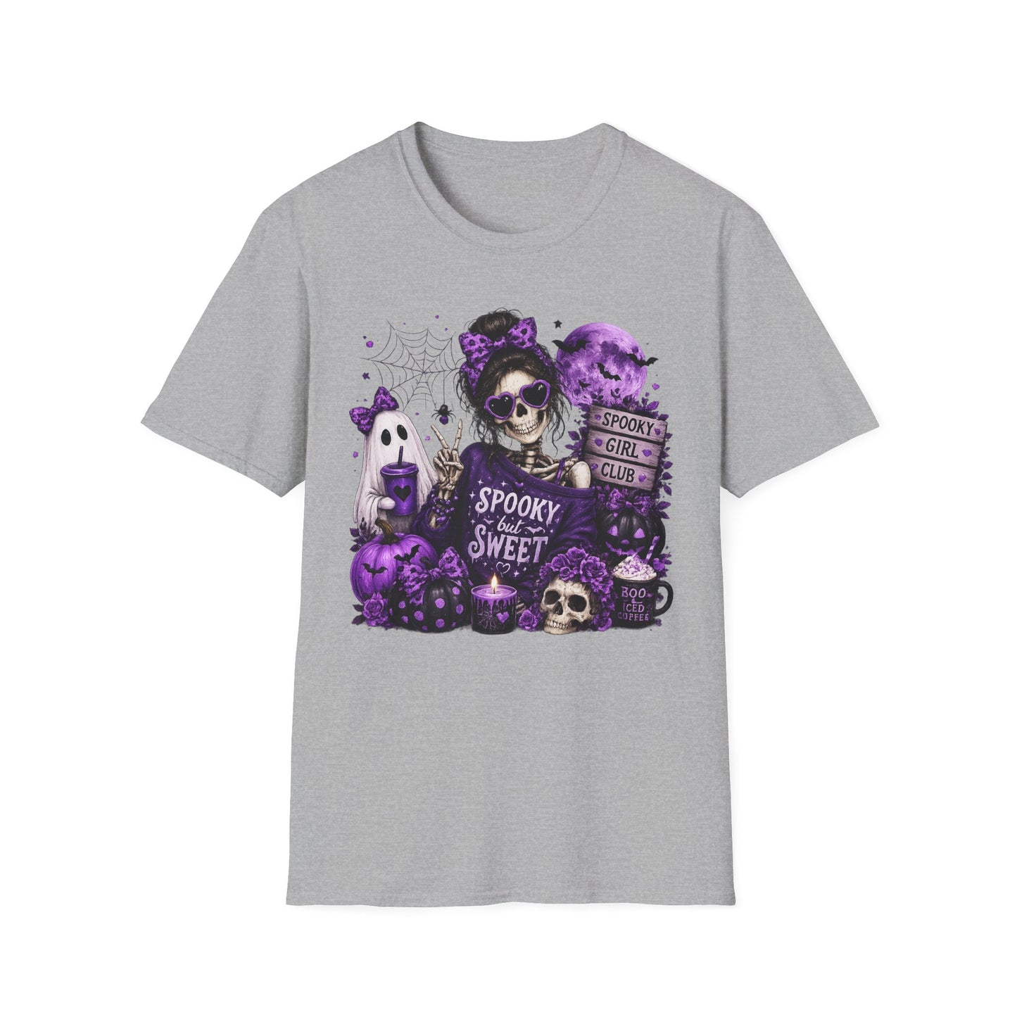 Spooky But Sweet Skeleton Girl Shirt – Purple Halloween Ghost & Pumpkin Graphic Tee – Cute Gothic Fall Graphic T-Shirt – Gildan 64000 Unisex Tee