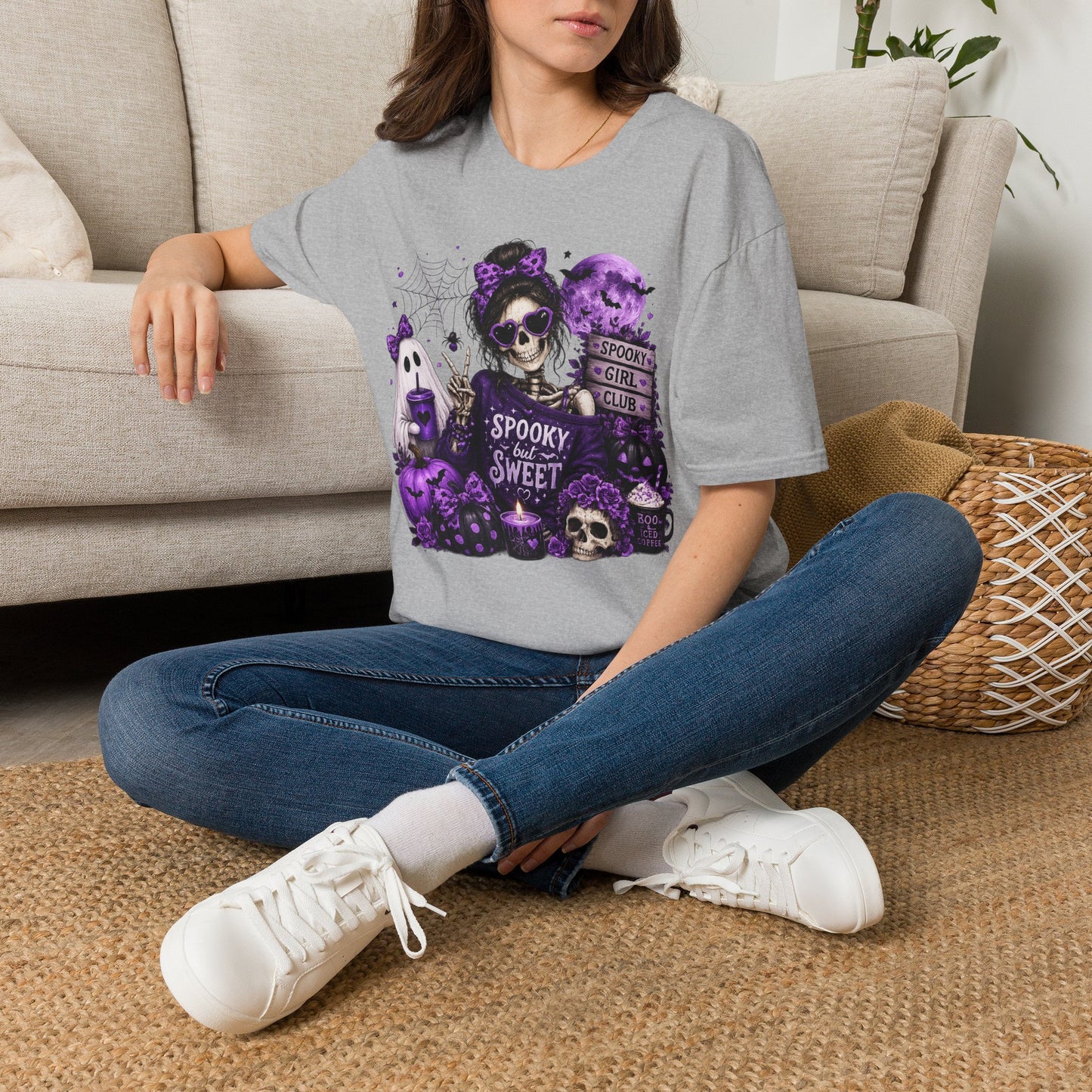 Spooky But Sweet Skeleton Girl Shirt – Purple Halloween Ghost & Pumpkin Graphic Tee – Cute Gothic Fall Graphic T-Shirt – Gildan 64000 Unisex Tee