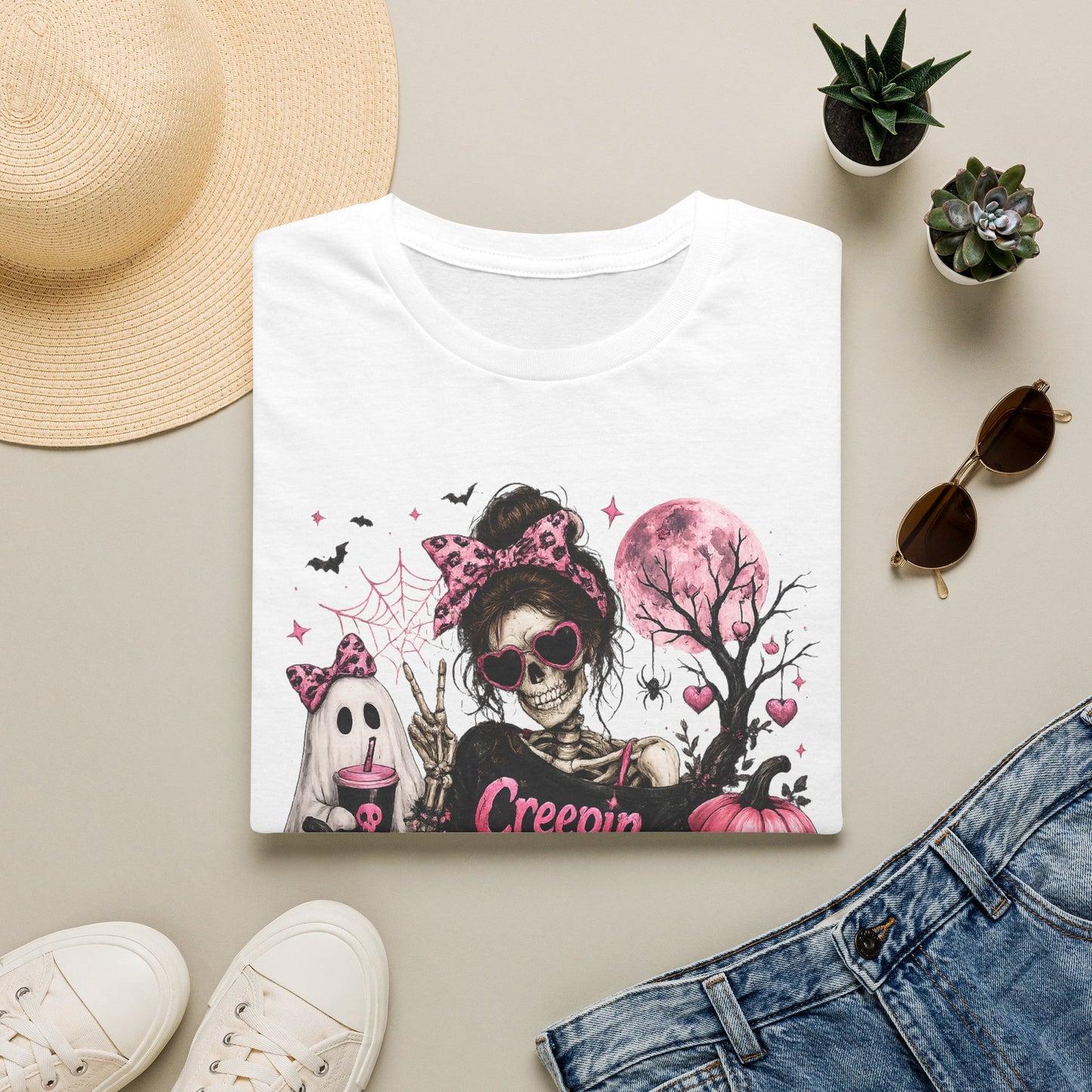 Creepin' It Real Skeleton Halloween Shirt, Pink Coquette Halloween Tee, Girly Spooky Season T-Shirt, Cute Ghost Pumpkin Graphic, Gildan 64000