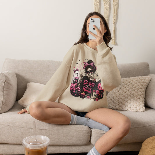 Creepin' It Real Halloween Sweatshirt, Pink Skeleton Crewneck, Coquette Spooky Season Sweatshirt, Cute Ghost Pumpkin Sweatshirt, Gildan 18000