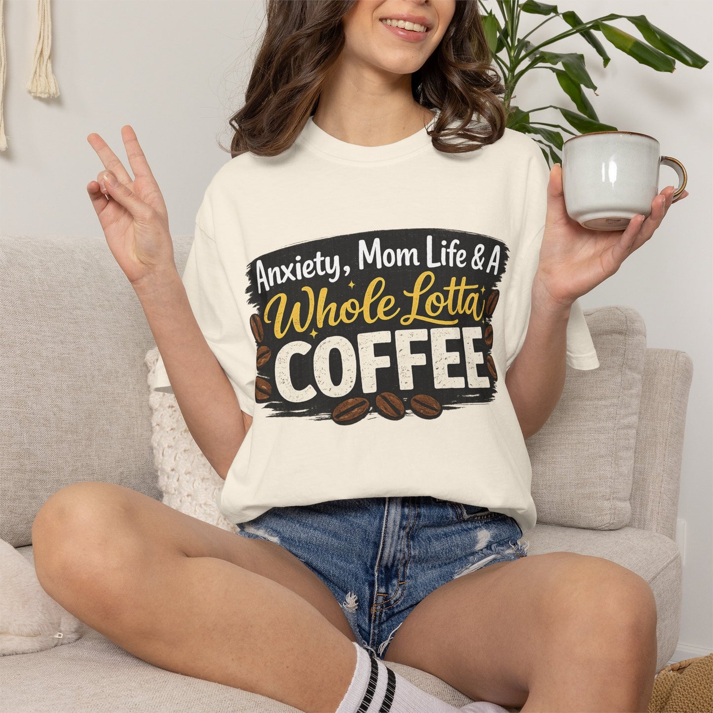 Anxiety, Mom Life & A Whole Lotta Coffee – Comfort Colors® Unisex T-Shirt | Funny Mom Shirt | Coffee Lover Tee | Mama Graphic Tee