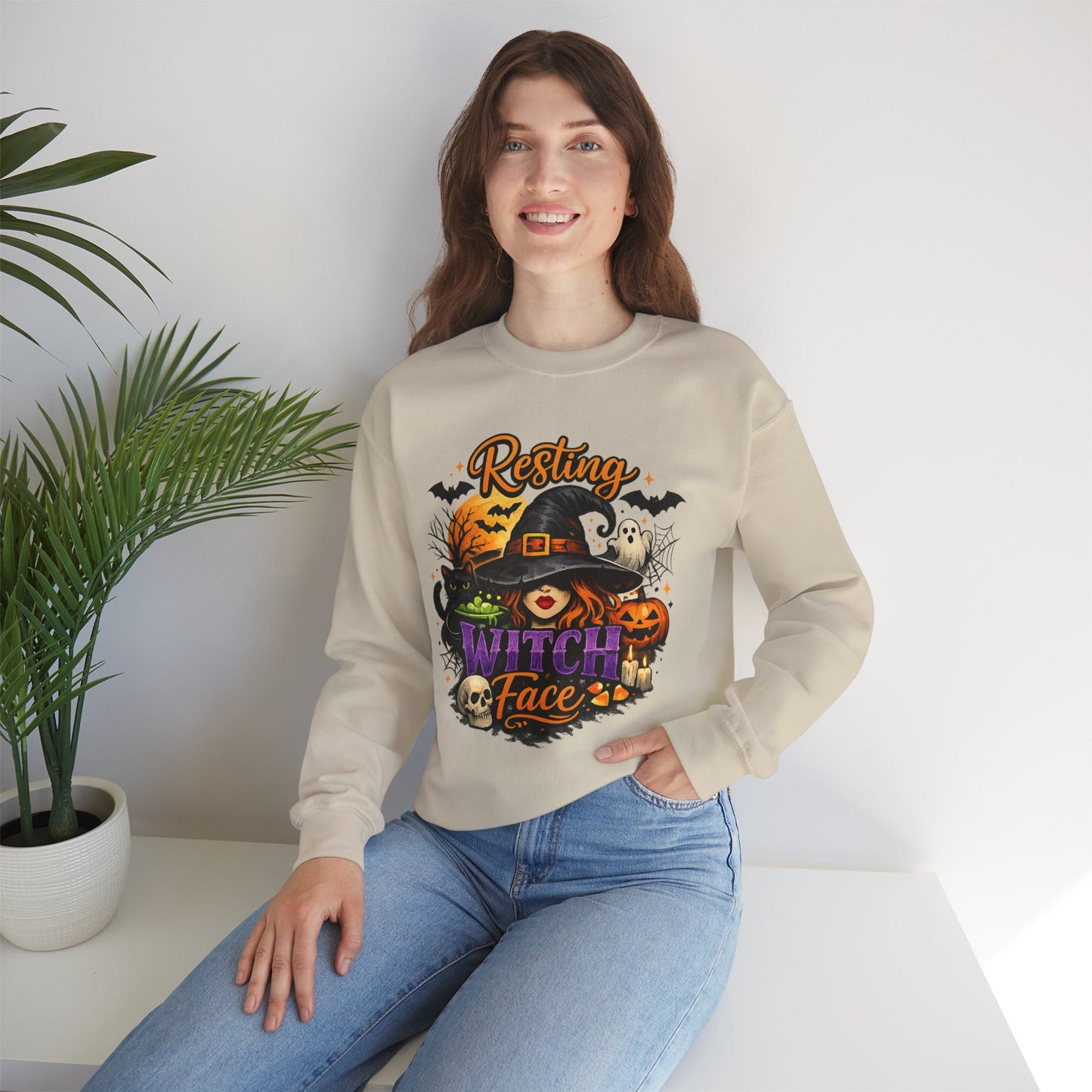 Resting Witch Face Sweatshirt | Funny Halloween Witch Gildan 18000 Crewneck | Spooky Fall Women's Graphic Sweatshirt | Cute Witchy Autumn Gift