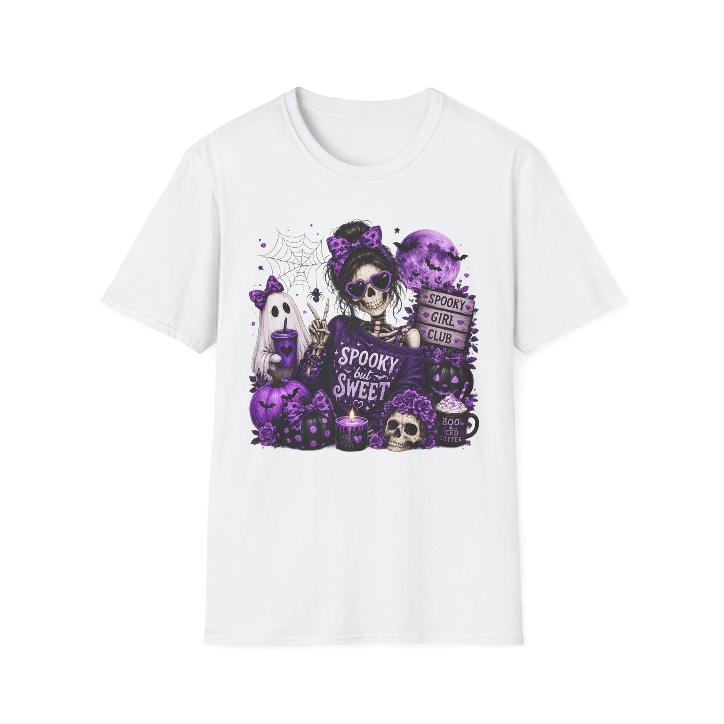 Spooky But Sweet Skeleton Girl Shirt – Purple Halloween Ghost & Pumpkin Graphic Tee – Cute Gothic Fall Graphic T-Shirt – Gildan 64000 Unisex Tee