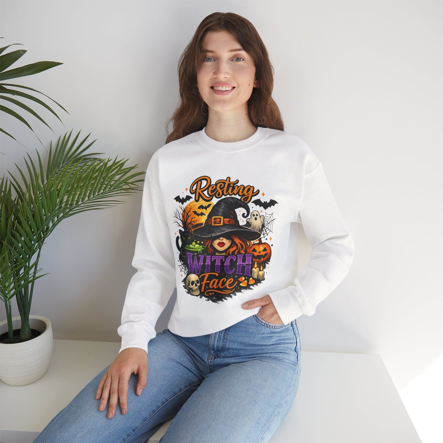 Resting Witch Face Sweatshirt | Funny Halloween Witch Gildan 18000 Crewneck | Spooky Fall Women's Graphic Sweatshirt | Cute Witchy Autumn Gift