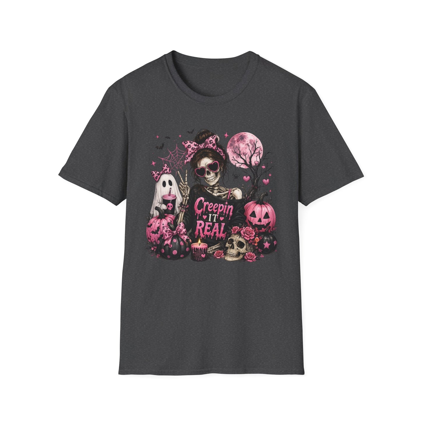 Creepin' It Real Skeleton Halloween Shirt, Pink Coquette Halloween Tee, Girly Spooky Season T-Shirt, Cute Ghost Pumpkin Graphic, Gildan 64000