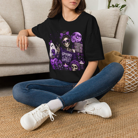 Spooky But Sweet Skeleton Girl Shirt – Purple Halloween Ghost & Pumpkin Graphic Tee – Cute Gothic Fall Graphic T-Shirt – Gildan 64000 Unisex Tee