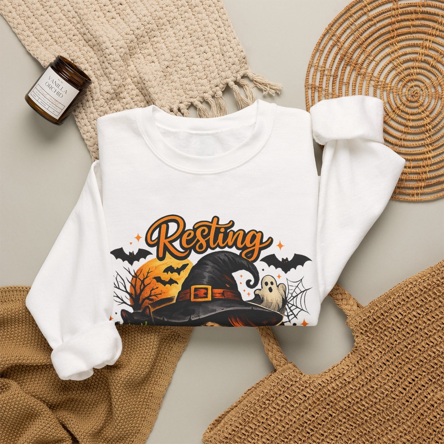 Resting Witch Face Sweatshirt | Funny Halloween Witch Gildan 18000 Crewneck | Spooky Fall Women's Graphic Sweatshirt | Cute Witchy Autumn Gift