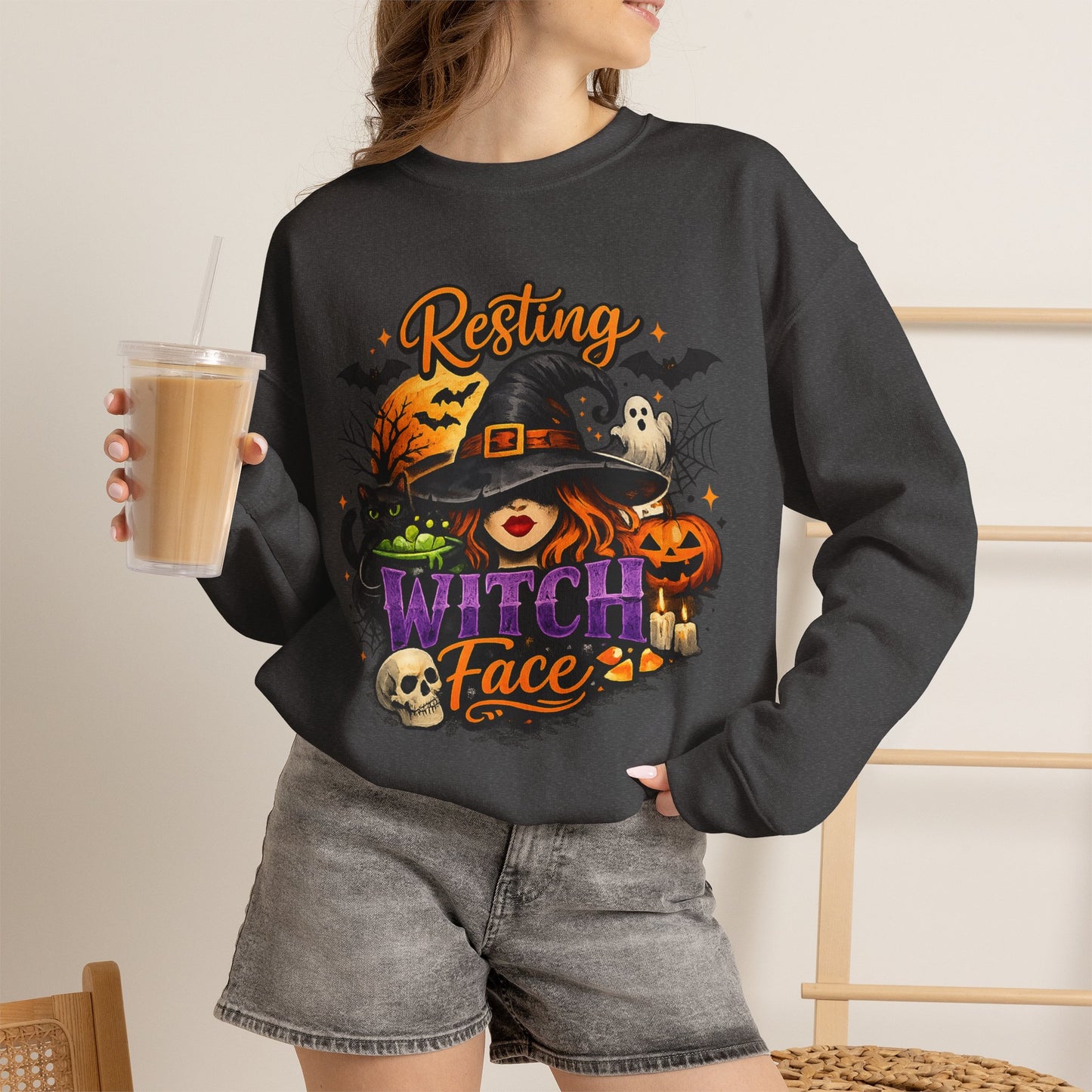 Resting Witch Face Sweatshirt | Funny Halloween Witch Gildan 18000 Crewneck | Spooky Fall Women's Graphic Sweatshirt | Cute Witchy Autumn Gift