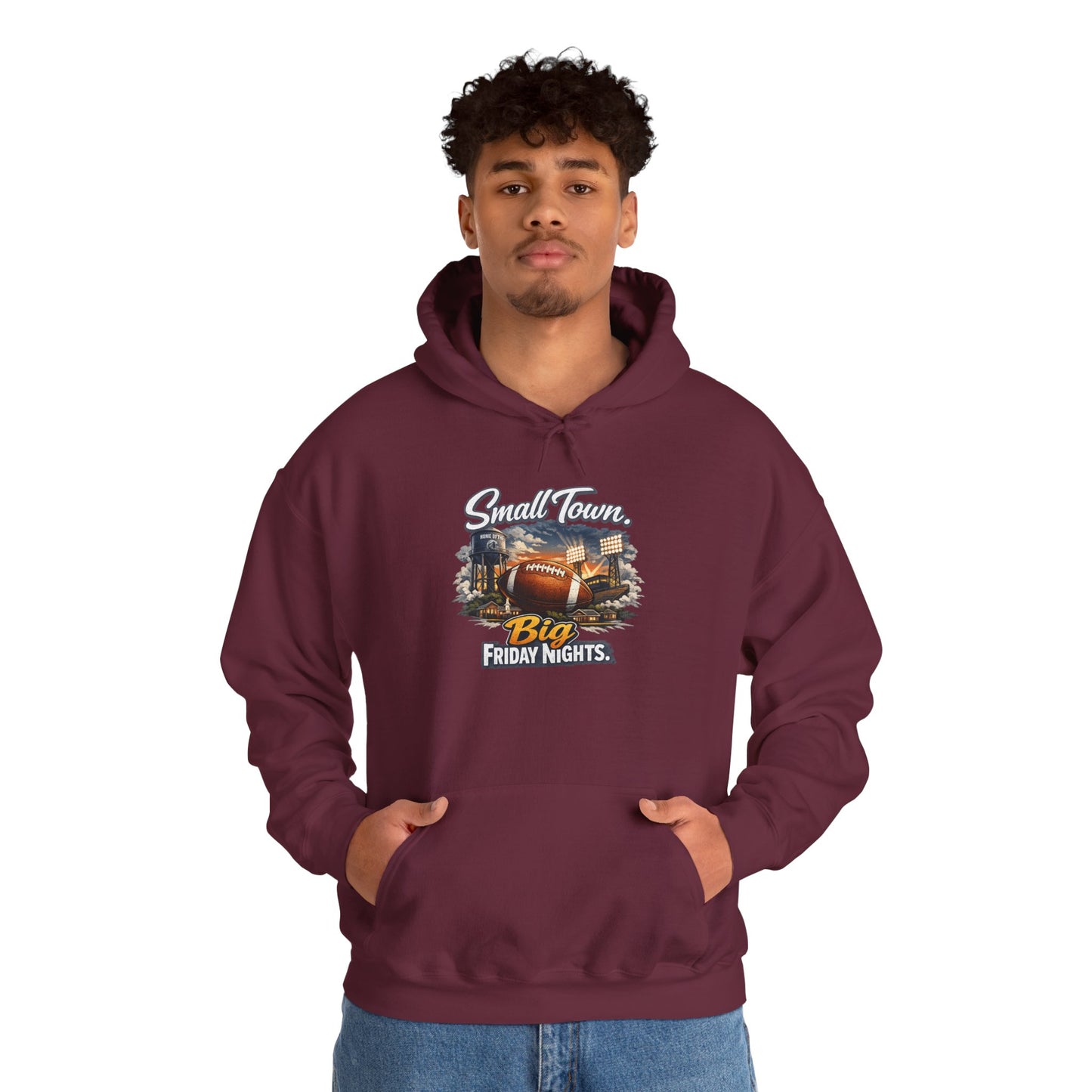 Small Town. Big Friday Nights. "Football" Gildan Unisex Heavy Blend™ Hooded Sweatshirt