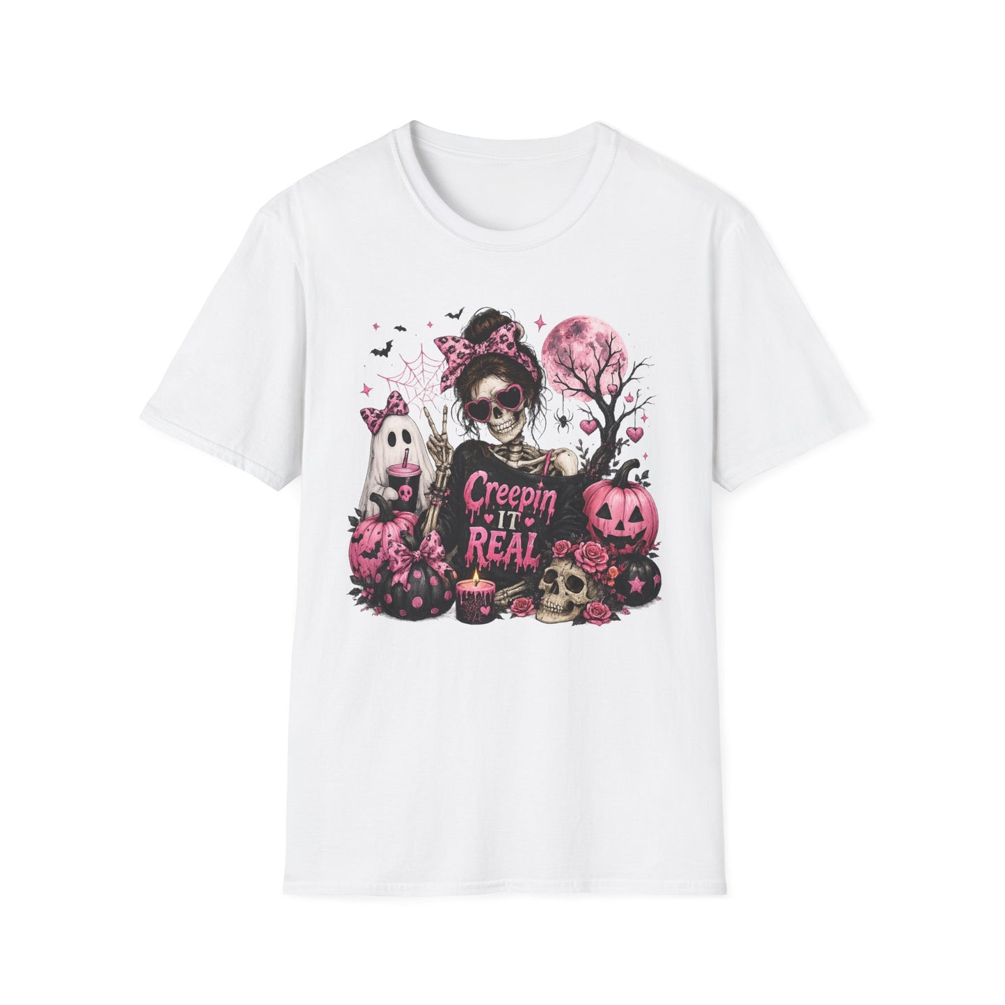 Creepin' It Real Skeleton Halloween Shirt, Pink Coquette Halloween Tee, Girly Spooky Season T-Shirt, Cute Ghost Pumpkin Graphic, Gildan 64000
