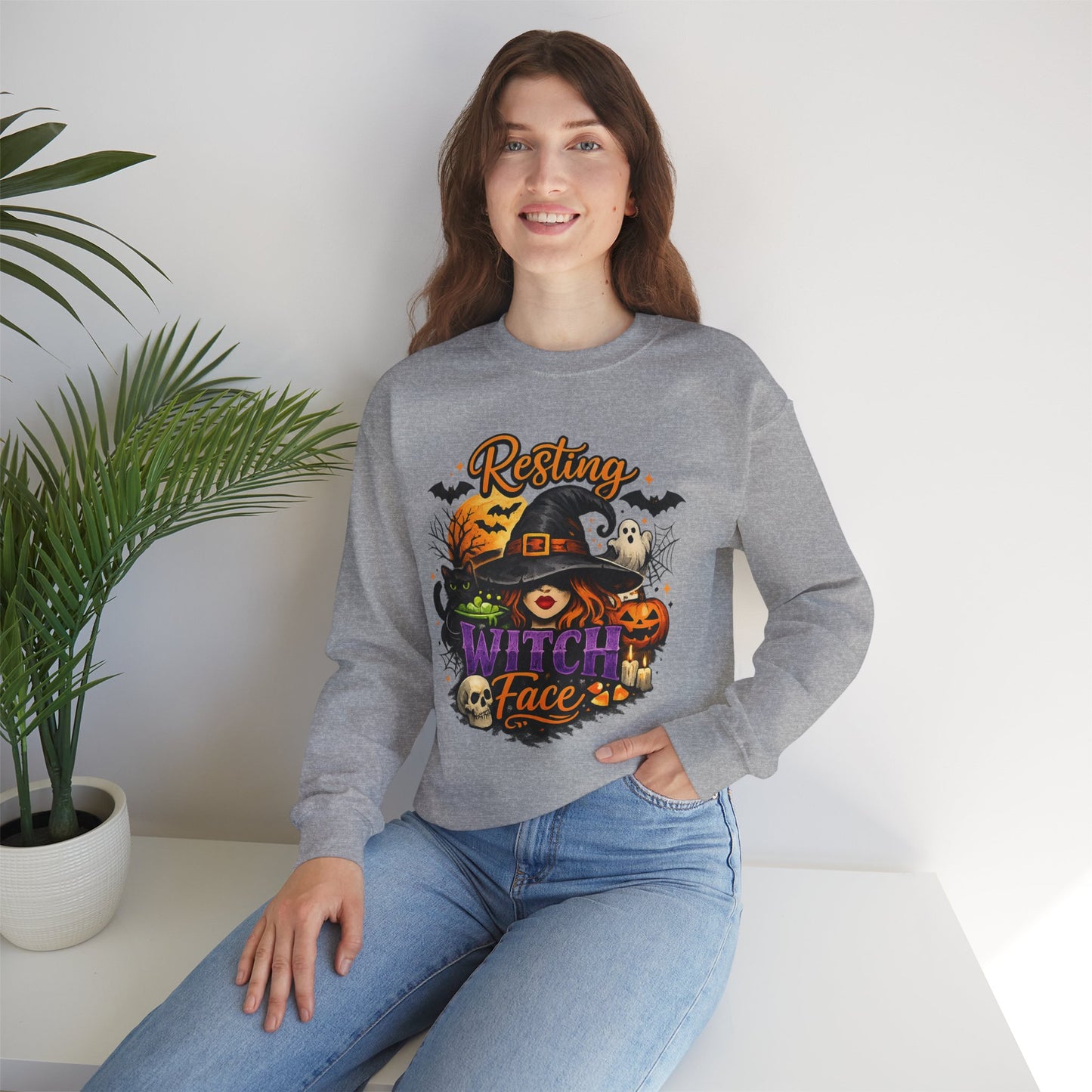 Resting Witch Face Sweatshirt | Funny Halloween Witch Gildan 18000 Crewneck | Spooky Fall Women's Graphic Sweatshirt | Cute Witchy Autumn Gift