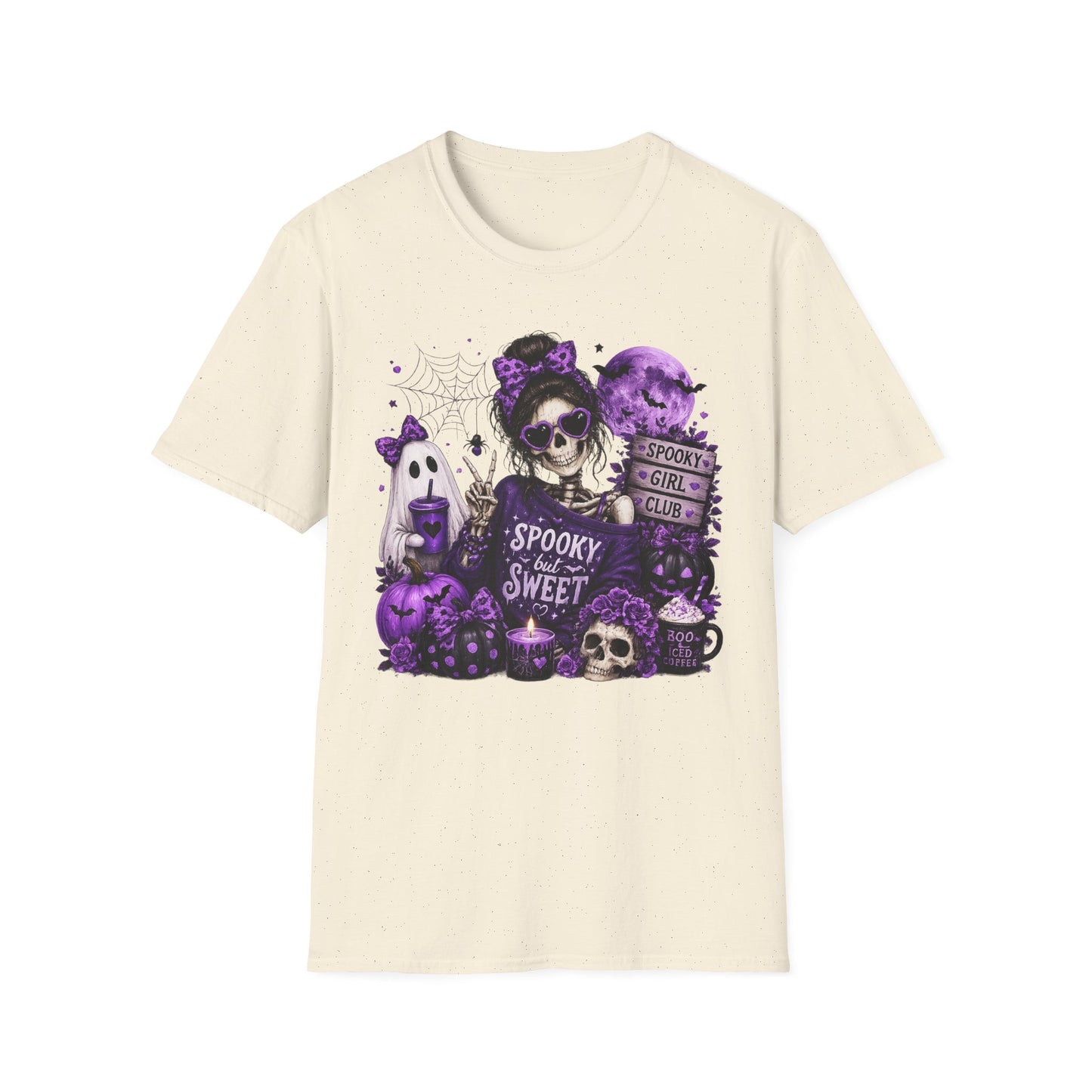 Spooky But Sweet Skeleton Girl Shirt – Purple Halloween Ghost & Pumpkin Graphic Tee – Cute Gothic Fall Graphic T-Shirt – Gildan 64000 Unisex Tee