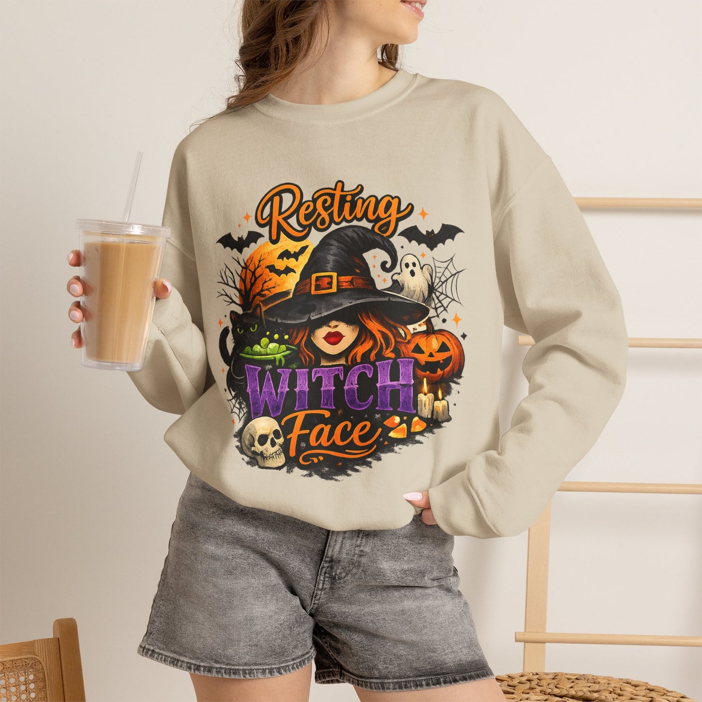 Resting Witch Face Sweatshirt | Funny Halloween Witch Gildan 18000 Crewneck | Spooky Fall Women's Graphic Sweatshirt | Cute Witchy Autumn Gift