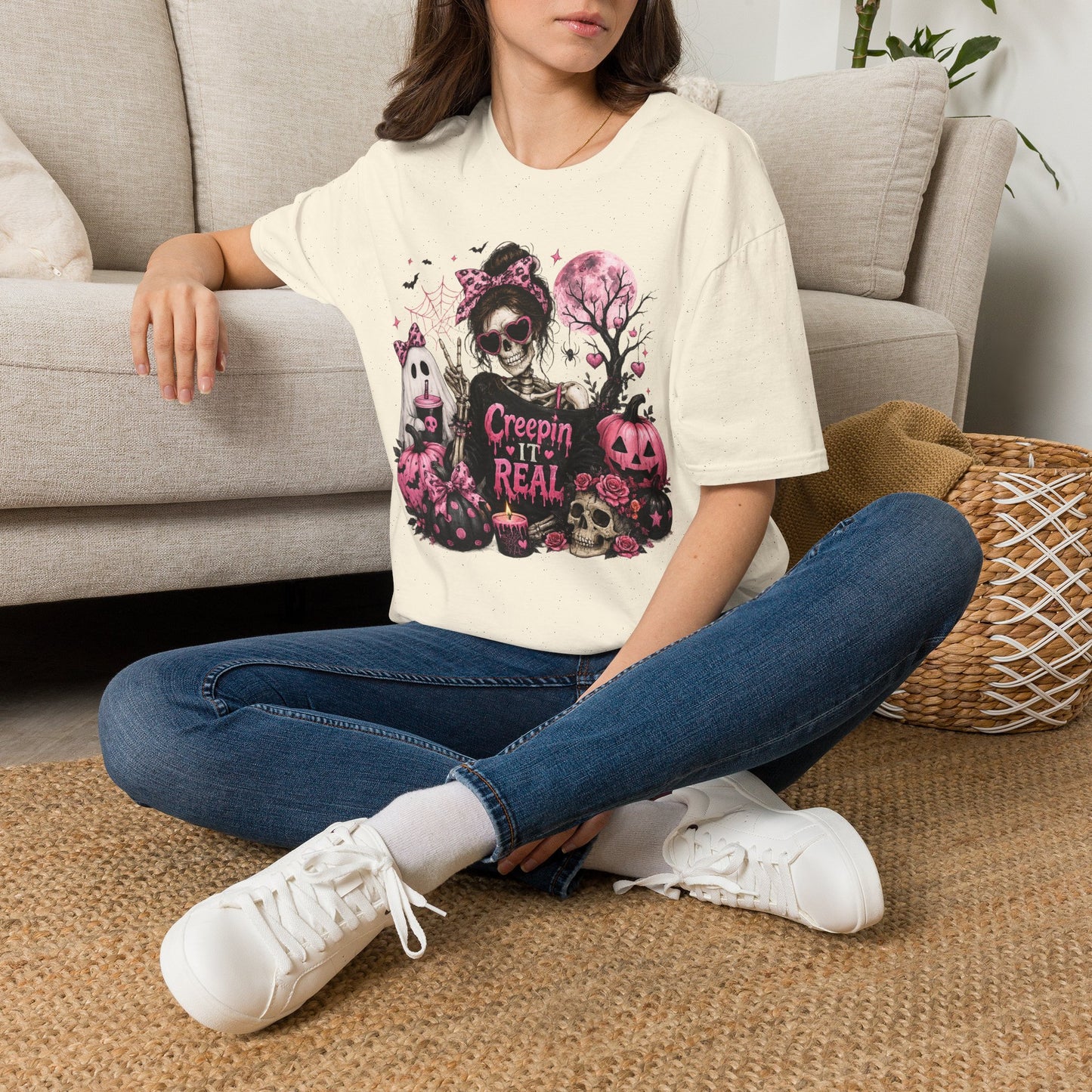 Creepin' It Real Skeleton Halloween Shirt, Pink Coquette Halloween Tee, Girly Spooky Season T-Shirt, Cute Ghost Pumpkin Graphic, Gildan 64000