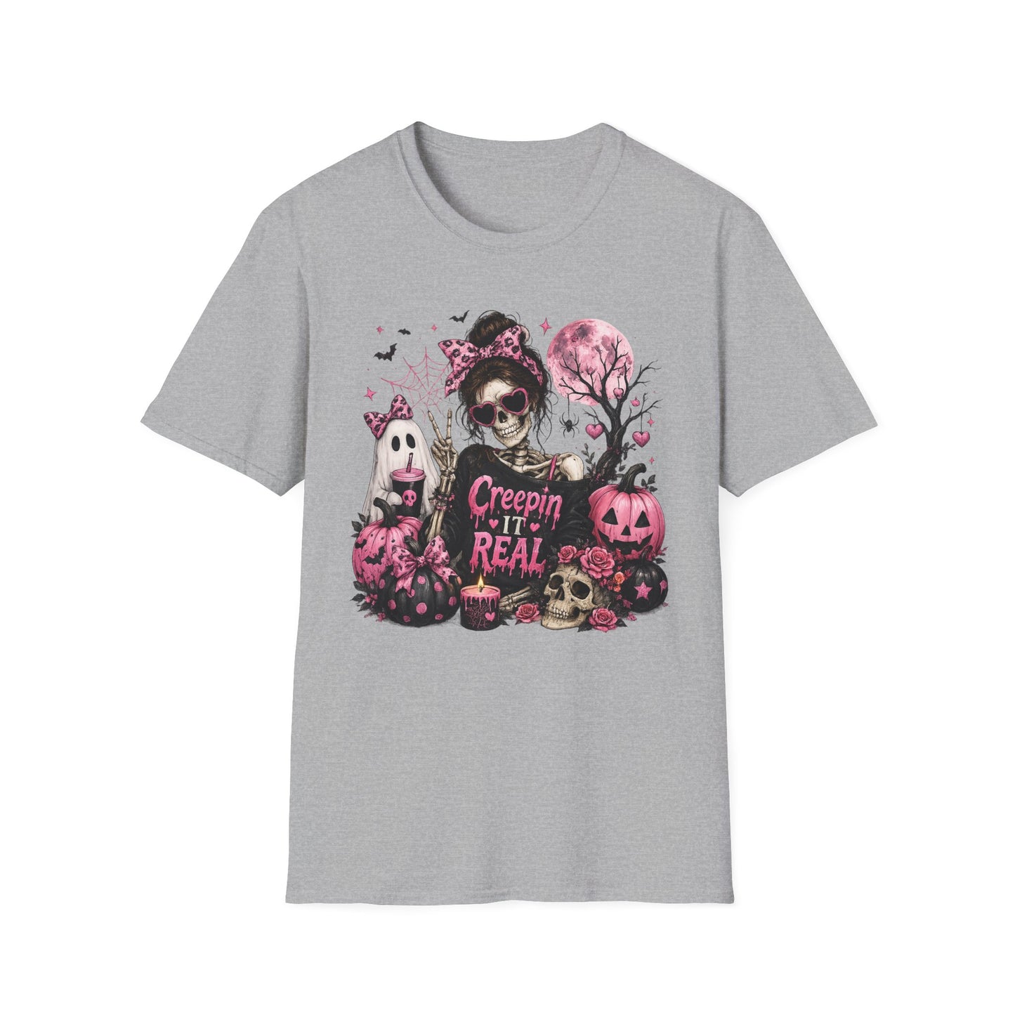 Creepin' It Real Skeleton Halloween Shirt, Pink Coquette Halloween Tee, Girly Spooky Season T-Shirt, Cute Ghost Pumpkin Graphic, Gildan 64000