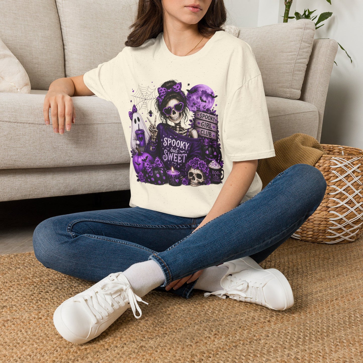 Spooky But Sweet Skeleton Girl Shirt – Purple Halloween Ghost & Pumpkin Graphic Tee – Cute Gothic Fall Graphic T-Shirt – Gildan 64000 Unisex Tee