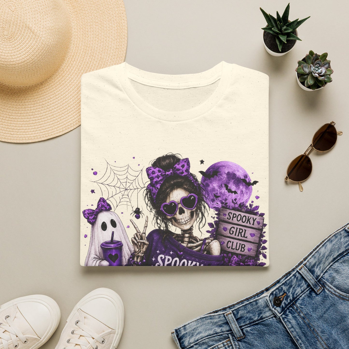 Spooky But Sweet Skeleton Girl Shirt – Purple Halloween Ghost & Pumpkin Graphic Tee – Cute Gothic Fall Graphic T-Shirt – Gildan 64000 Unisex Tee