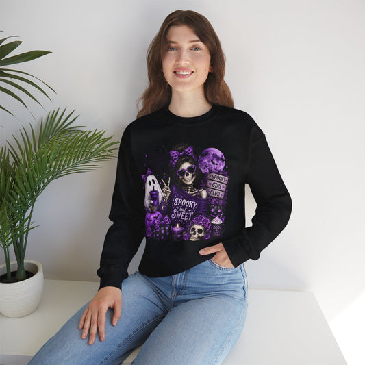 Spooky But Sweet Halloween Sweatshirt – Cute Skeleton Girl Purple Fall Crewneck – Ghost & Pumpkin Graphic Sweatshirt – Gildan 18000 Unisex