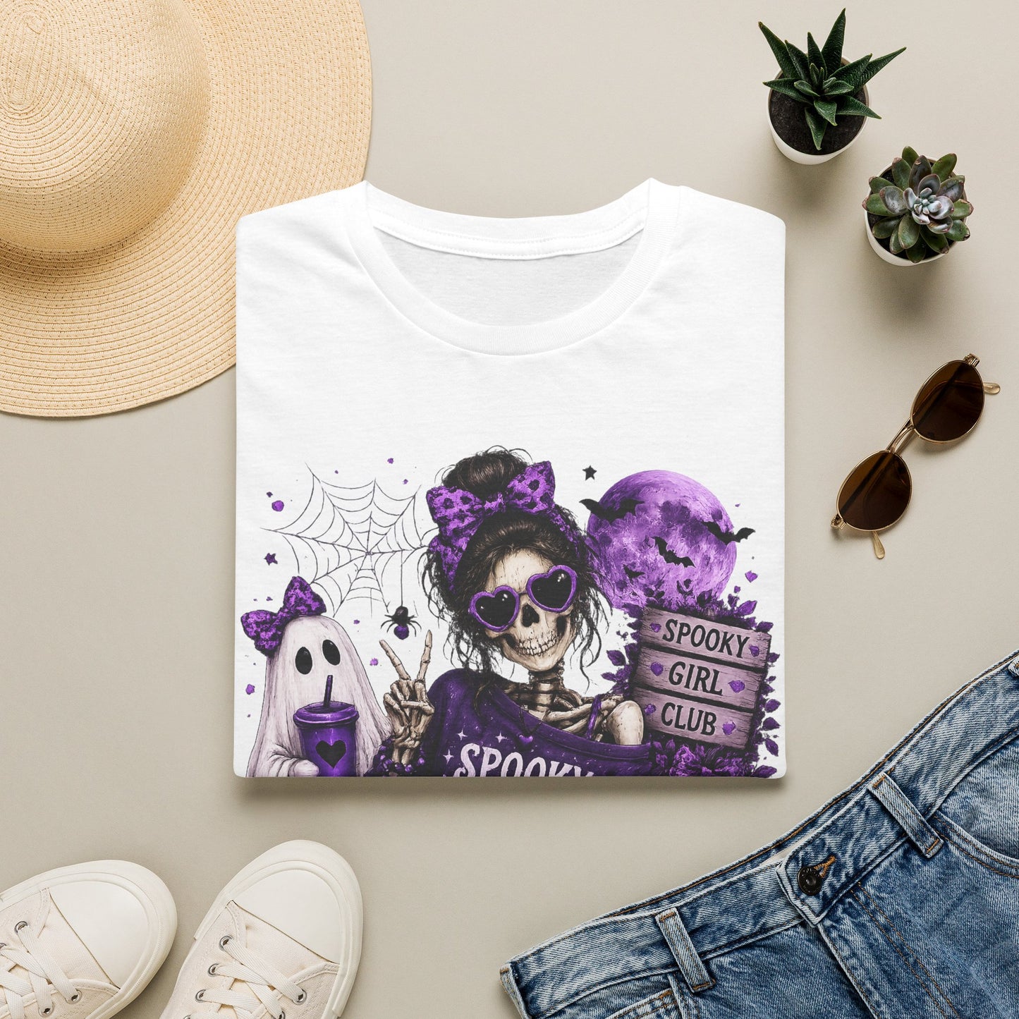 Spooky But Sweet Skeleton Girl Shirt – Purple Halloween Ghost & Pumpkin Graphic Tee – Cute Gothic Fall Graphic T-Shirt – Gildan 64000 Unisex Tee