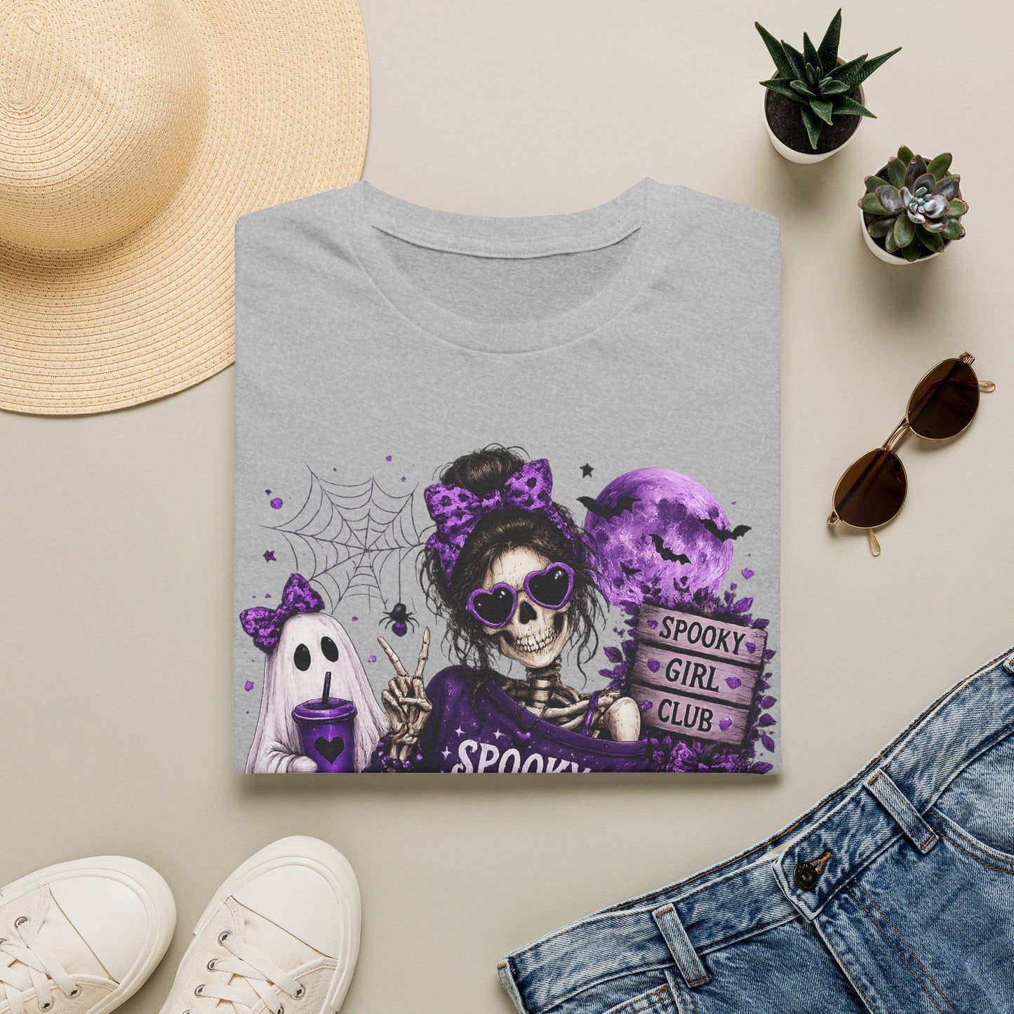 Spooky But Sweet Skeleton Girl Shirt – Purple Halloween Ghost & Pumpkin Graphic Tee – Cute Gothic Fall Graphic T-Shirt – Gildan 64000 Unisex Tee
