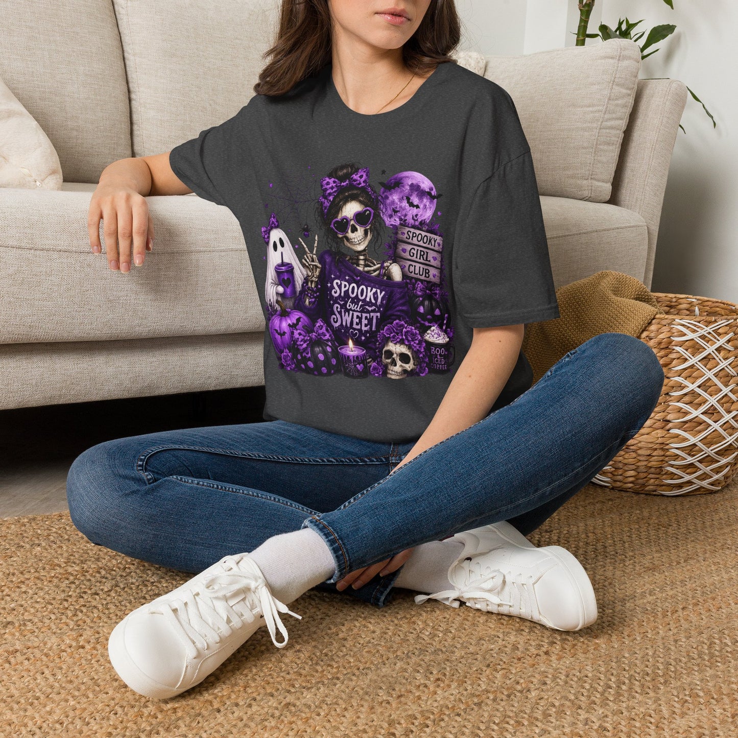 Spooky But Sweet Skeleton Girl Shirt – Purple Halloween Ghost & Pumpkin Graphic Tee – Cute Gothic Fall Graphic T-Shirt – Gildan 64000 Unisex Tee