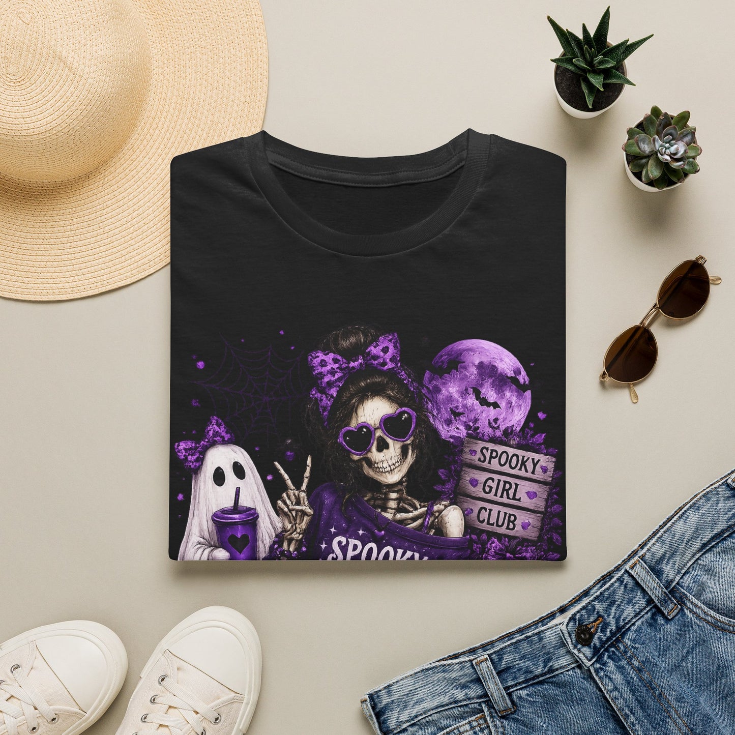 Spooky But Sweet Skeleton Girl Shirt – Purple Halloween Ghost & Pumpkin Graphic Tee – Cute Gothic Fall Graphic T-Shirt – Gildan 64000 Unisex Tee