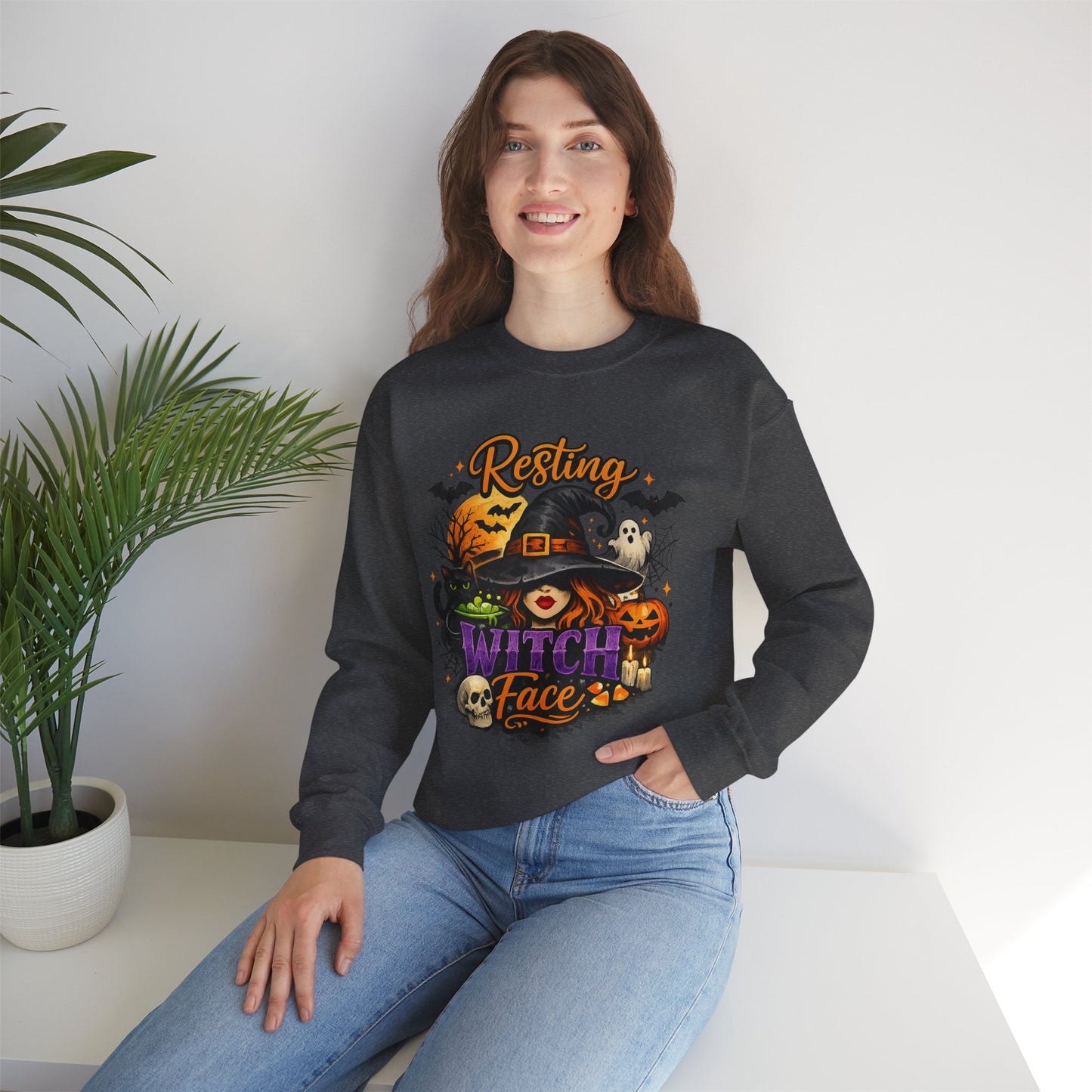 Resting Witch Face Sweatshirt | Funny Halloween Witch Gildan 18000 Crewneck | Spooky Fall Women's Graphic Sweatshirt | Cute Witchy Autumn Gift