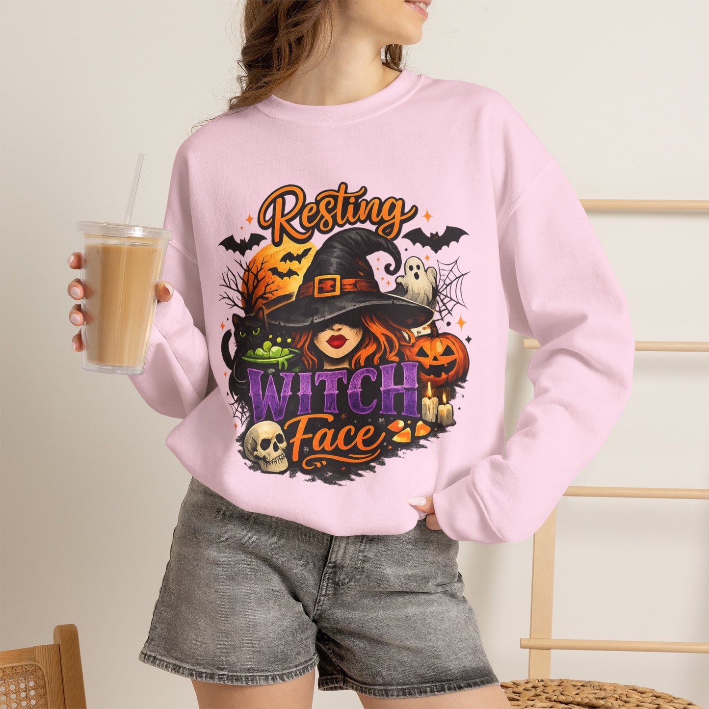 Resting Witch Face Sweatshirt | Funny Halloween Witch Gildan 18000 Crewneck | Spooky Fall Women's Graphic Sweatshirt | Cute Witchy Autumn Gift
