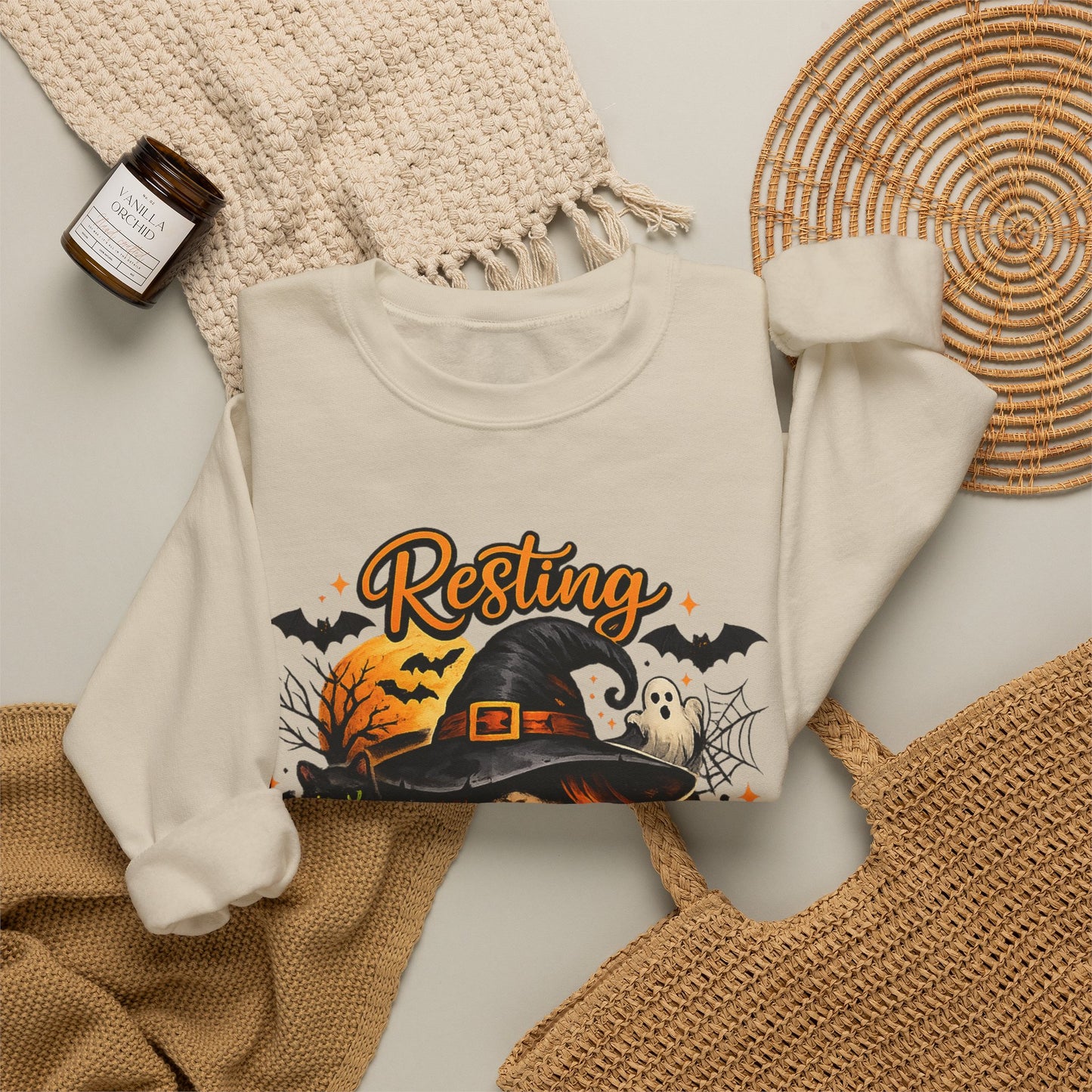 Resting Witch Face Sweatshirt | Funny Halloween Witch Gildan 18000 Crewneck | Spooky Fall Women's Graphic Sweatshirt | Cute Witchy Autumn Gift