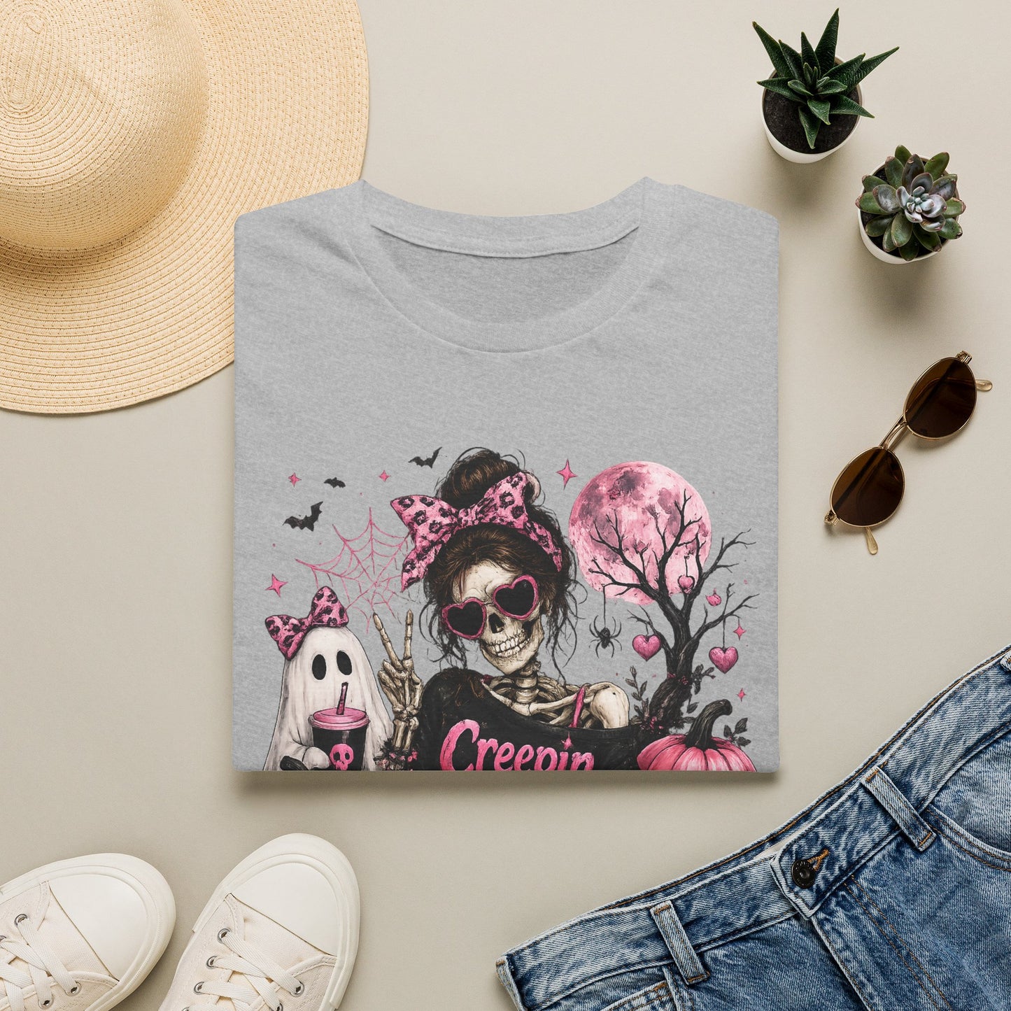 Creepin' It Real Skeleton Halloween Shirt, Pink Coquette Halloween Tee, Girly Spooky Season T-Shirt, Cute Ghost Pumpkin Graphic, Gildan 64000