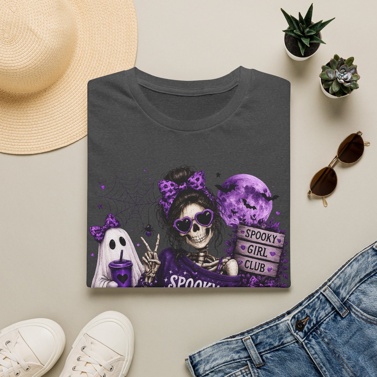Spooky But Sweet Skeleton Girl Shirt – Purple Halloween Ghost & Pumpkin Graphic Tee – Cute Gothic Fall Graphic T-Shirt – Gildan 64000 Unisex Tee