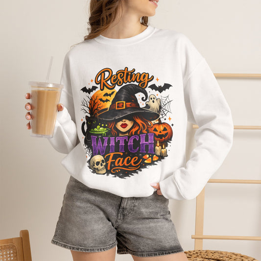 Resting Witch Face Sweatshirt | Funny Halloween Witch Gildan 18000 Crewneck | Spooky Fall Women's Graphic Sweatshirt | Cute Witchy Autumn Gift