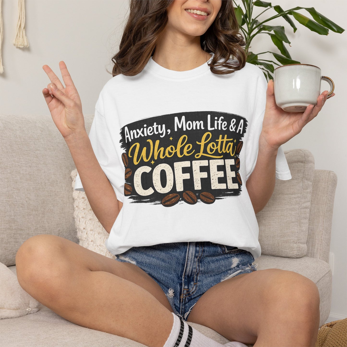 Anxiety, Mom Life & A Whole Lotta Coffee – Comfort Colors® Unisex T-Shirt | Funny Mom Shirt | Coffee Lover Tee | Mama Graphic Tee