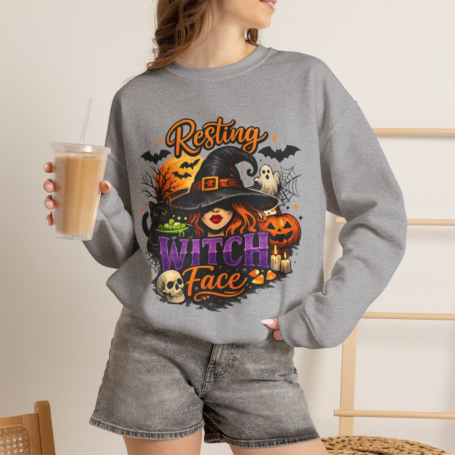 Resting Witch Face Sweatshirt | Funny Halloween Witch Gildan 18000 Crewneck | Spooky Fall Women's Graphic Sweatshirt | Cute Witchy Autumn Gift