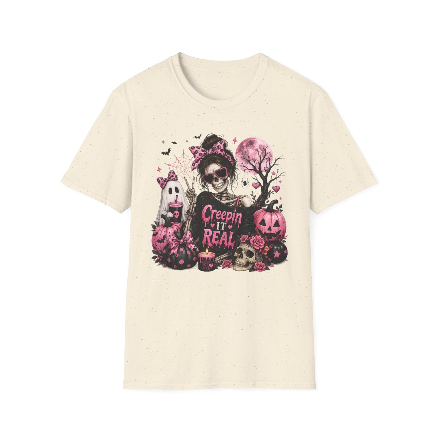 Creepin' It Real Skeleton Halloween Shirt, Pink Coquette Halloween Tee, Girly Spooky Season T-Shirt, Cute Ghost Pumpkin Graphic, Gildan 64000