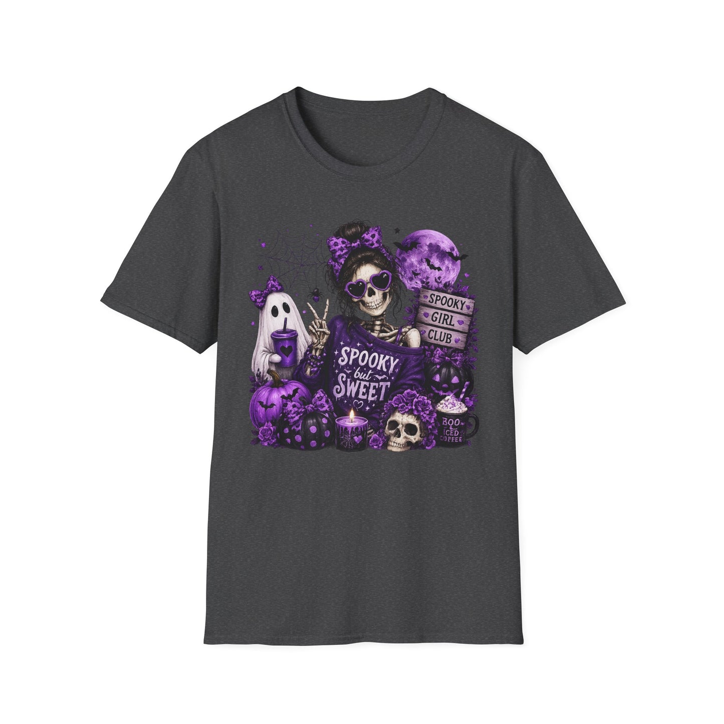 Spooky But Sweet Skeleton Girl Shirt – Purple Halloween Ghost & Pumpkin Graphic Tee – Cute Gothic Fall Graphic T-Shirt – Gildan 64000 Unisex Tee