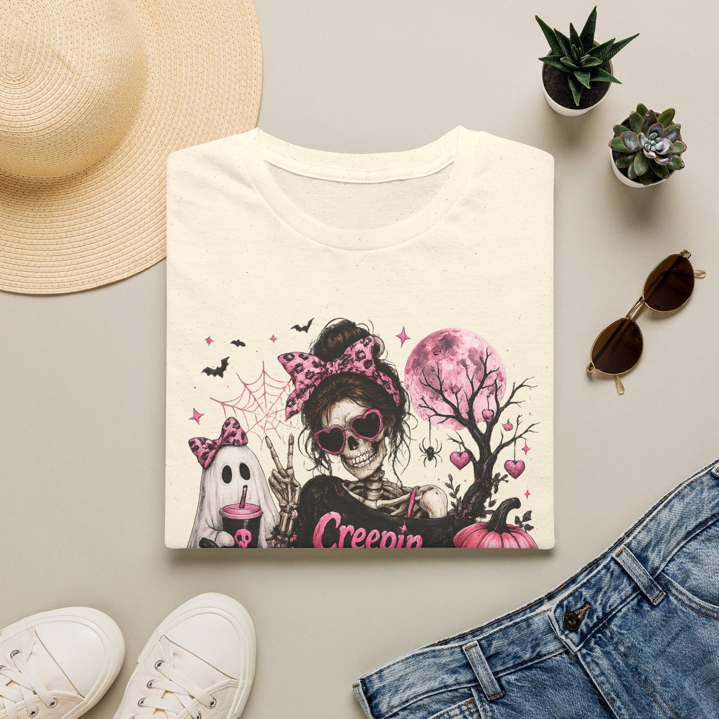 Creepin' It Real Skeleton Halloween Shirt, Pink Coquette Halloween Tee, Girly Spooky Season T-Shirt, Cute Ghost Pumpkin Graphic, Gildan 64000