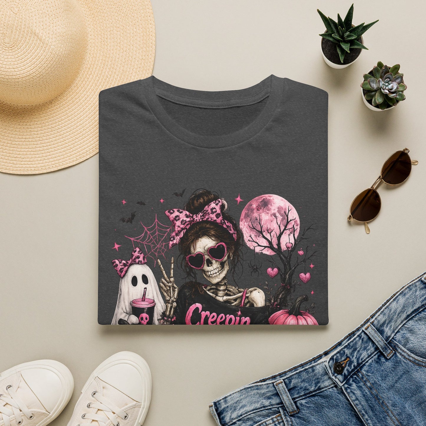 Creepin' It Real Skeleton Halloween Shirt, Pink Coquette Halloween Tee, Girly Spooky Season T-Shirt, Cute Ghost Pumpkin Graphic, Gildan 64000